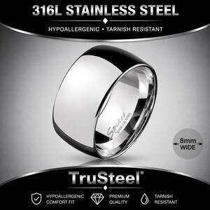 Men’s women’s Wide Dome silver 316L Stainless Steel‎ hypoallergenic Ring Size 9